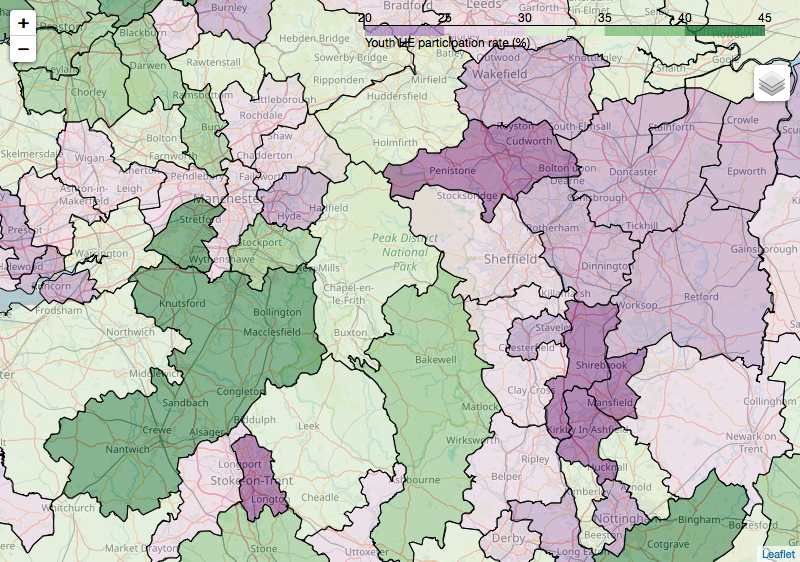 Youth higher education participation rate by local authority district. Shown are Manchester and the Peak District.